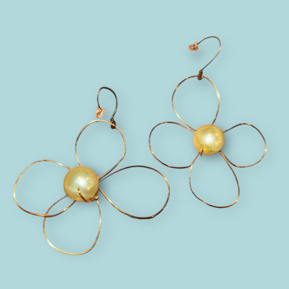 Handmade Gold Wire Flower Earrings with 1/2” Pearls Chic Party Festive